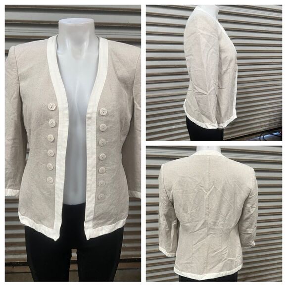 Harve Bernard open front blazer career linen blend beige with cream size 4 - Picture 1 of 8